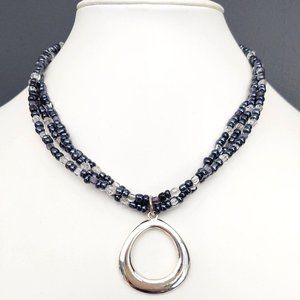 3 strand blue gray, clear & silver necklace